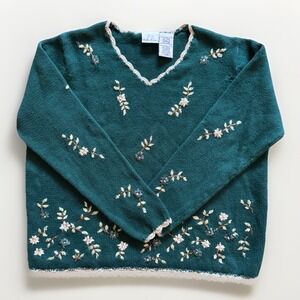Vintage Bobbie Brooks Embroidered Sweater Women's L Green Cottagecore